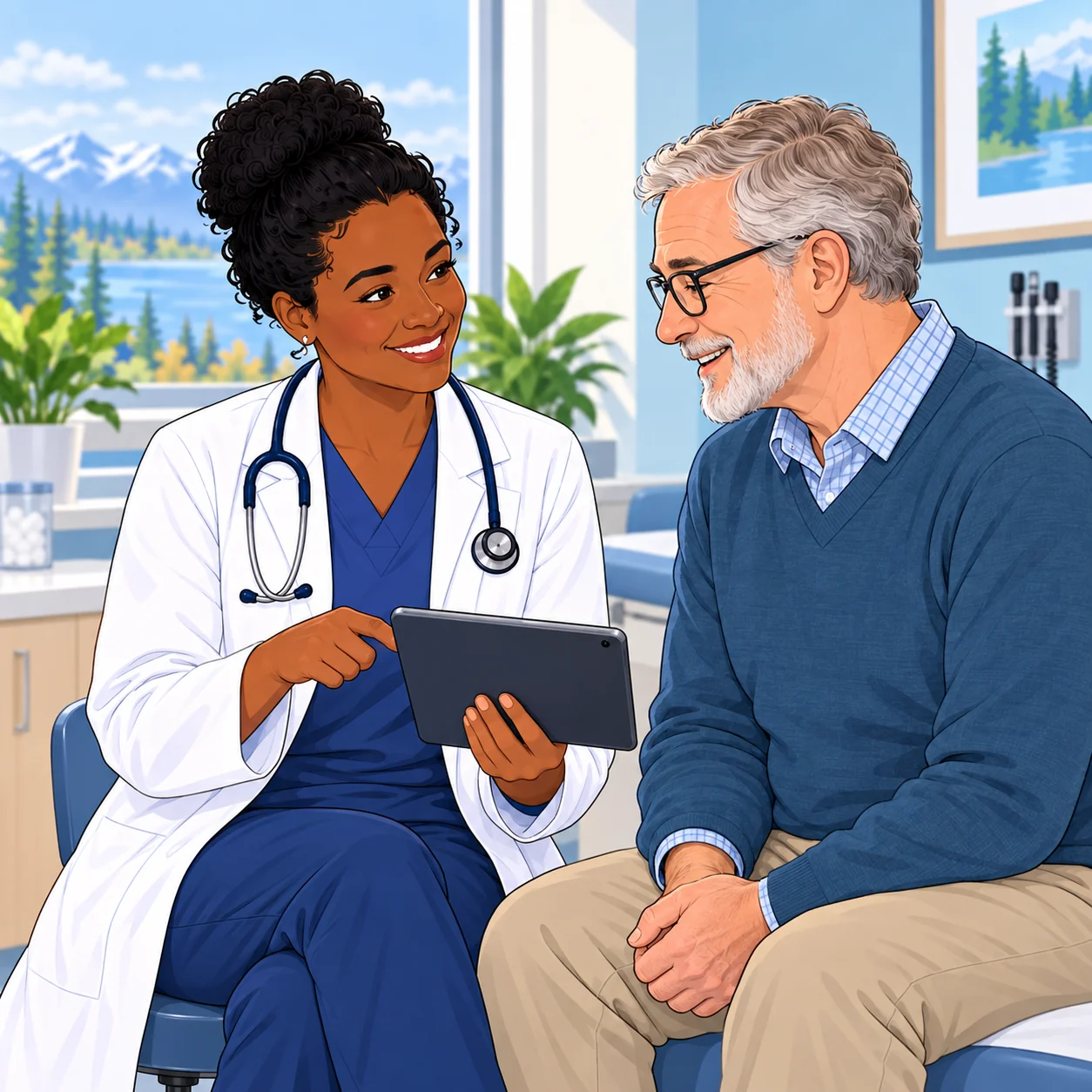 A physician reviews health information on a tablet with an older patient.
