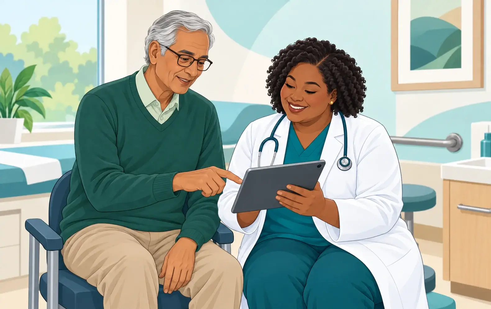 A physician and an older patient review care information together.