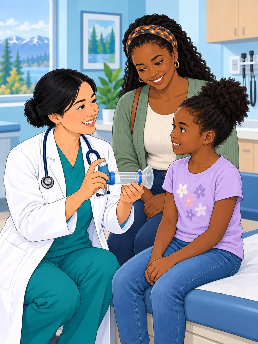 A physician demonstrates inhaler and spacer technique to a child and her mother.