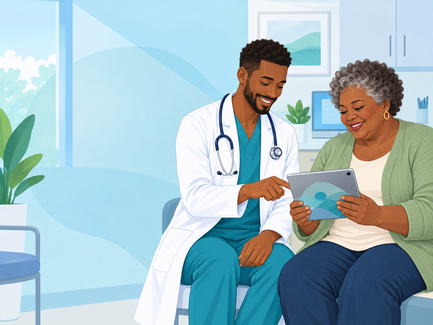A physician helps a patient use a digital appointment service.