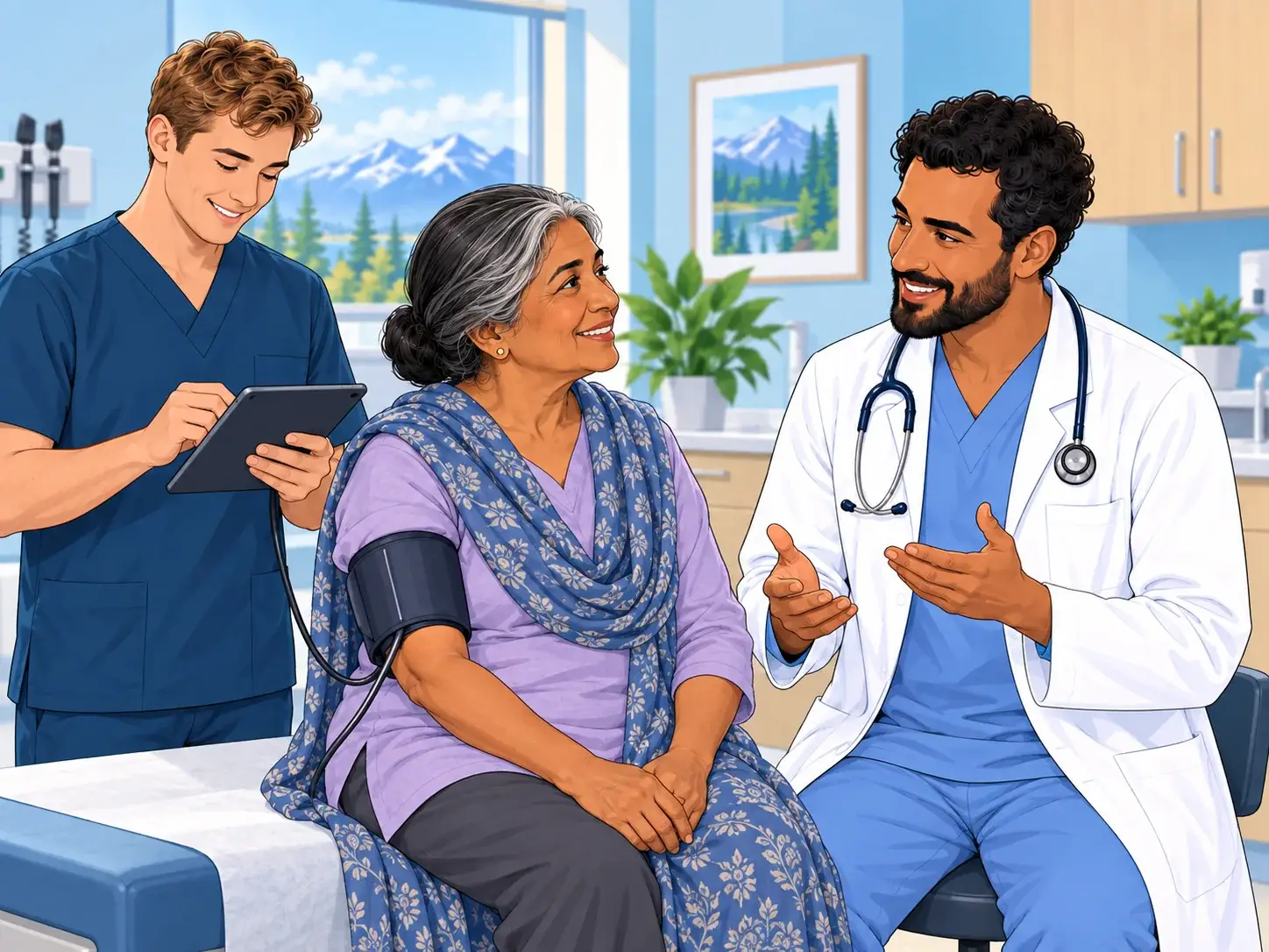 A physician discusses blood-pressure care while a medical assistant records the patient's measurement.