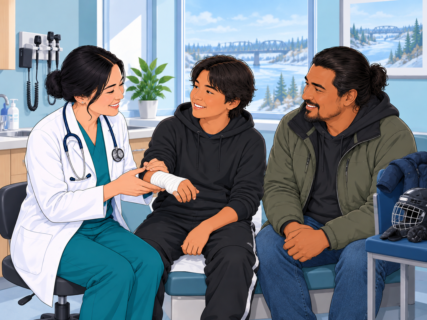 A physician checks a teenager's wrapped wrist while his father looks on.